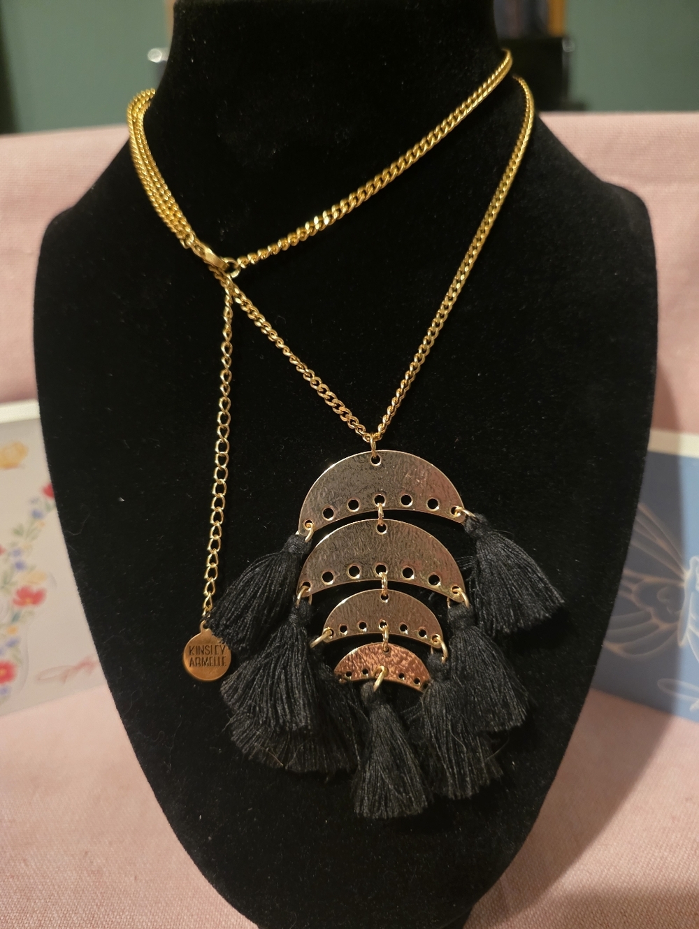 Kinsley Armelle Gold-Tone Necklace with Black Tassel Crescent Drops